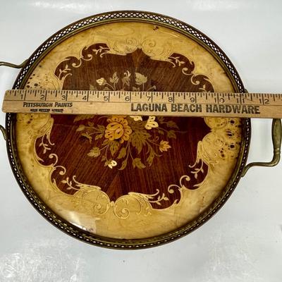 Italian Floral Marquetry Round Tray w/ Handles