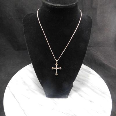 925 Sterling & Quartz Cross w/ Marcasite, 925 Chain 16” 2.6g
