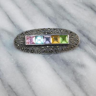 Vintage 925 Sterling Brooch w Glass Settings 5.3g