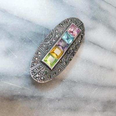 Vintage 925 Sterling Brooch w Glass Settings 5.3g