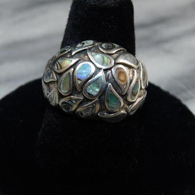 925 Sterling Dome Ring w/ Abalone Tear Drop Settings Size 8, 8.8g