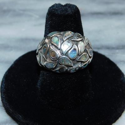 925 Sterling Dome Ring w/ Abalone Tear Drop Settings Size 8, 8.8g