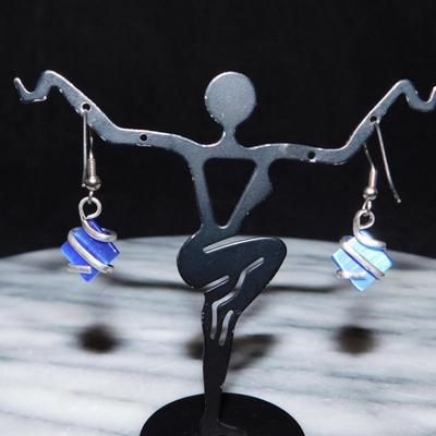 925 Sterling & Blue Iridescent Glass Drop Earrings 3.8g