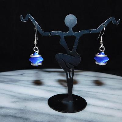 925 Sterling & Blue Iridescent Glass Drop Earrings 3.8g
