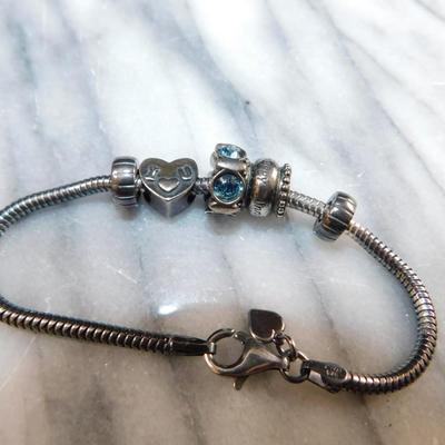 925 Sterling Charm Bracelet w/ Heart Charm, Others 7”, 3.2g