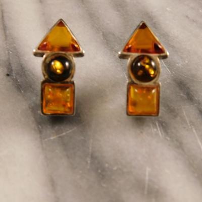 Geometric Baltic Amber 925 Sterling Earrings 2.6g