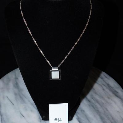 925 Sterling Tinsel Chain w/ 925 Onyx & Mother of Pearl Pendant 24”, 9.8g