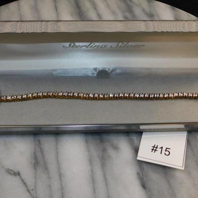 Gold-Tone 925 Sterling Tennis Bracelet w/ Quartz Settings 7”, 11.8g
