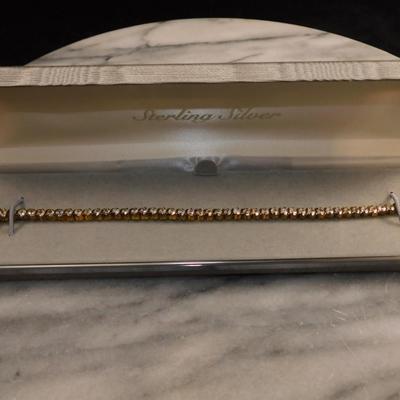 Gold-Tone 925 Sterling Tennis Bracelet w/ Quartz Settings 7”, 11.8g