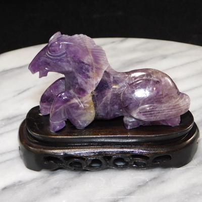 Beautiful Carved Amethyst Horse on Wooden Base 3” Tall