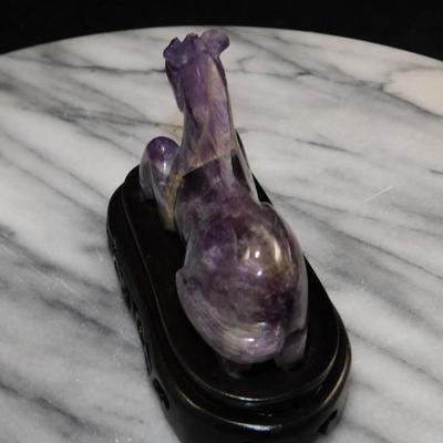 Beautiful Carved Amethyst Horse on Wooden Base 3” Tall