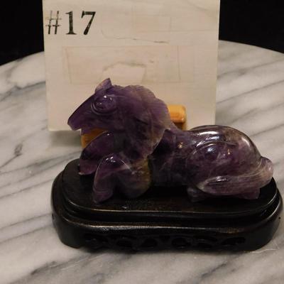 Beautiful Carved Amethyst Horse on Wooden Base 3” Tall