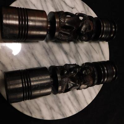 Hand Turned & Carved Wooden Candlesticks, Africa 9.75” Tall