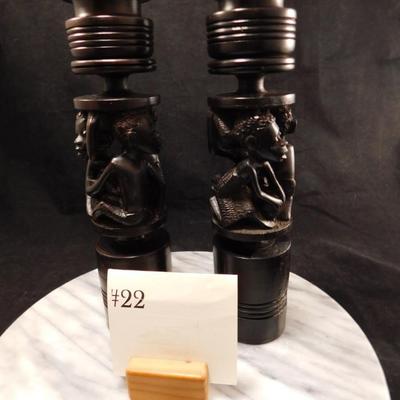 Hand Turned & Carved Wooden Candlesticks, Africa 9.75” Tall