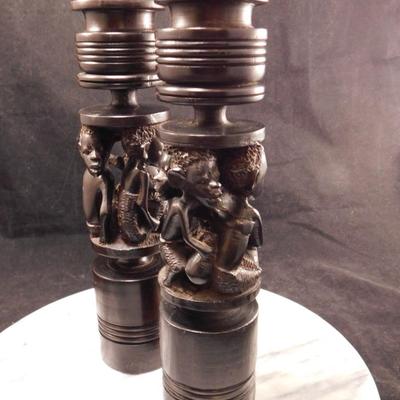 Hand Turned & Carved Wooden Candlesticks, Africa 9.75” Tall