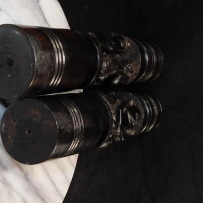 Hand Turned & Carved Wooden Candlesticks, Africa 9.75” Tall