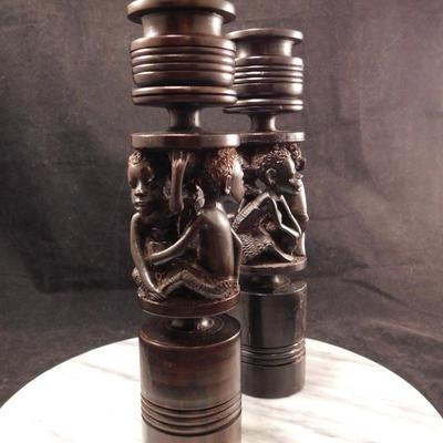 Hand Turned & Carved Wooden Candlesticks, Africa 9.75” Tall