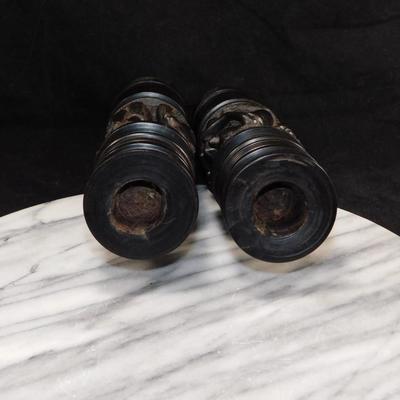 Hand Turned & Carved Wooden Candlesticks, Africa 9.75” Tall