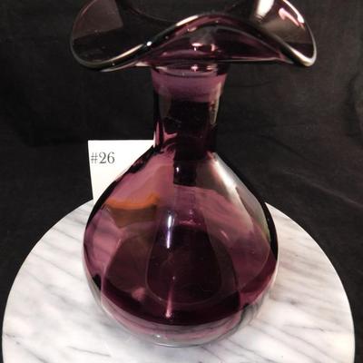 Vintage Hand-Blown Ruffled Amethyst Glass Vase 9”
