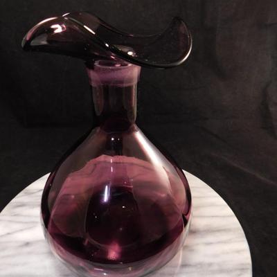 Vintage Hand-Blown Ruffled Amethyst Glass Vase 9”