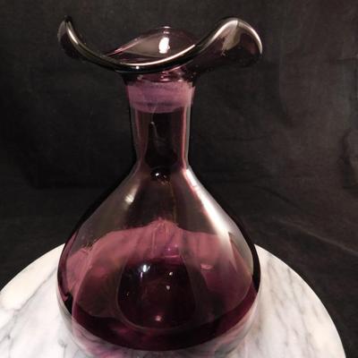 Vintage Hand-Blown Ruffled Amethyst Glass Vase 9”