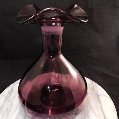Vintage Hand-Blown Ruffled Amethyst Glass Vase 9”