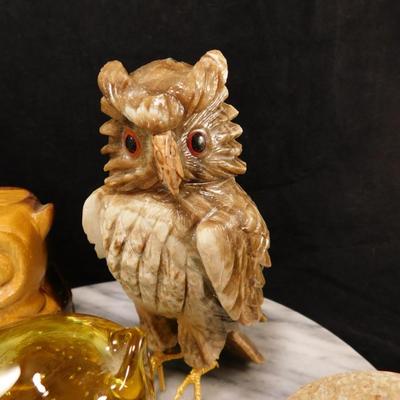 Collection of Glass, Onyx & Wooden Owls 7”-2.5”