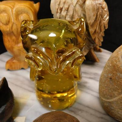 Collection of Glass, Onyx & Wooden Owls 7”-2.5”