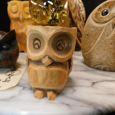Collection of Glass, Onyx & Wooden Owls 7”-2.5”