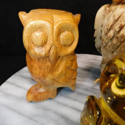 Collection of Glass, Onyx & Wooden Owls 7”-2.5”