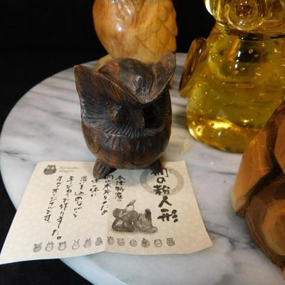 Collection of Glass, Onyx & Wooden Owls 7”-2.5”