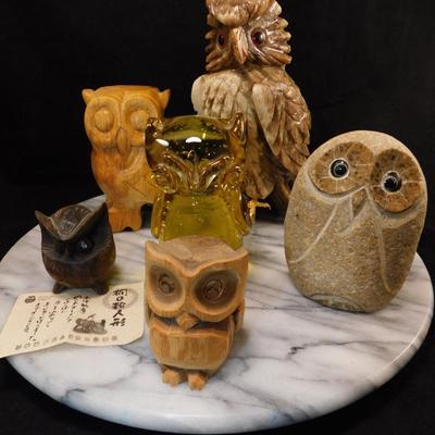Collection of Glass, Onyx & Wooden Owls 7”-2.5”