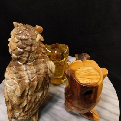 Collection of Glass, Onyx & Wooden Owls 7”-2.5”