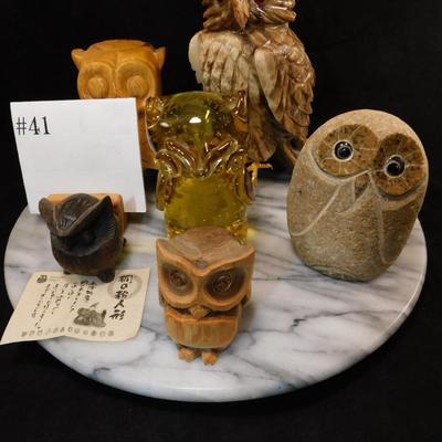Collection of Glass, Onyx & Wooden Owls 7”-2.5”