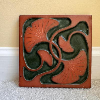 Ginkgo Leaf Tile by Asheville Tileworks and Green Glazed Terracotta Dish (LR-DZ)