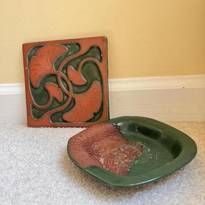 Ginkgo Leaf Tile by Asheville Tileworks and Green Glazed Terracotta Dish (LR-DZ)
