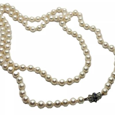 36" Akoya Cultured Pearl Opera Length Necklace w/ 14K & Sapphire Clasp