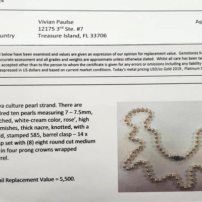 36" Akoya Cultured Pearl Opera Length Necklace w/ 14K & Sapphire Clasp