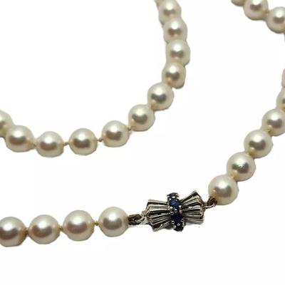 36" Akoya Cultured Pearl Opera Length Necklace w/ 14K & Sapphire Clasp