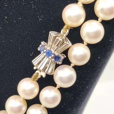 36" Akoya Cultured Pearl Opera Length Necklace w/ 14K & Sapphire Clasp