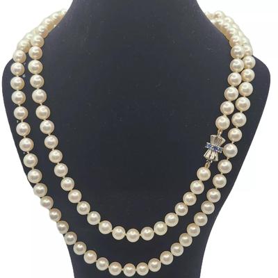 36" Akoya Cultured Pearl Opera Length Necklace w/ 14K & Sapphire Clasp