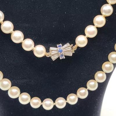 36" Akoya Cultured Pearl Opera Length Necklace w/ 14K & Sapphire Clasp