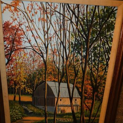 Framed Autumnal Barn Painting by Joan Johnson 30.75”x25”