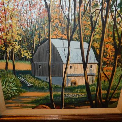 Framed Autumnal Barn Painting by Joan Johnson 30.75”x25”