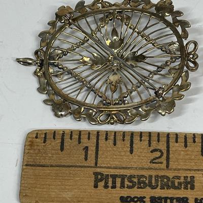 Vintage OVAL Pin Brooch Jewelry, Gold Toned Metal and White Iridescent Stones