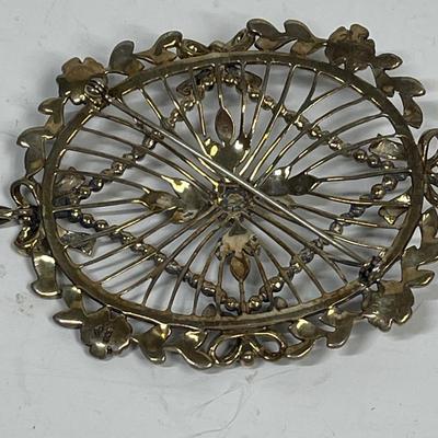 Vintage OVAL Pin Brooch Jewelry, Gold Toned Metal and White Iridescent Stones