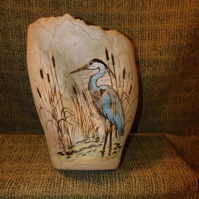 Wood-Burned And Painted Crane on Driftwood Stump 15”