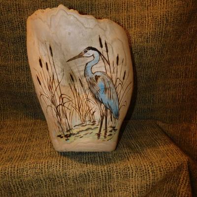 Wood-Burned And Painted Crane on Driftwood Stump 15”