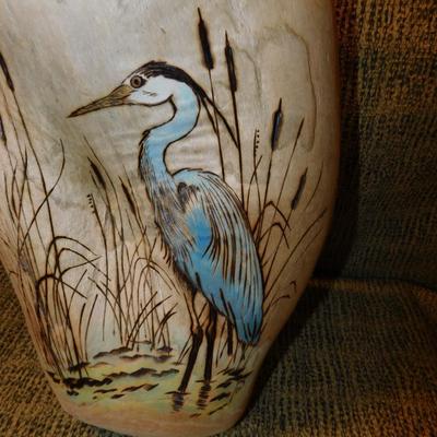 Wood-Burned And Painted Crane on Driftwood Stump 15”