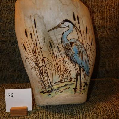 Wood-Burned And Painted Crane on Driftwood Stump 15”